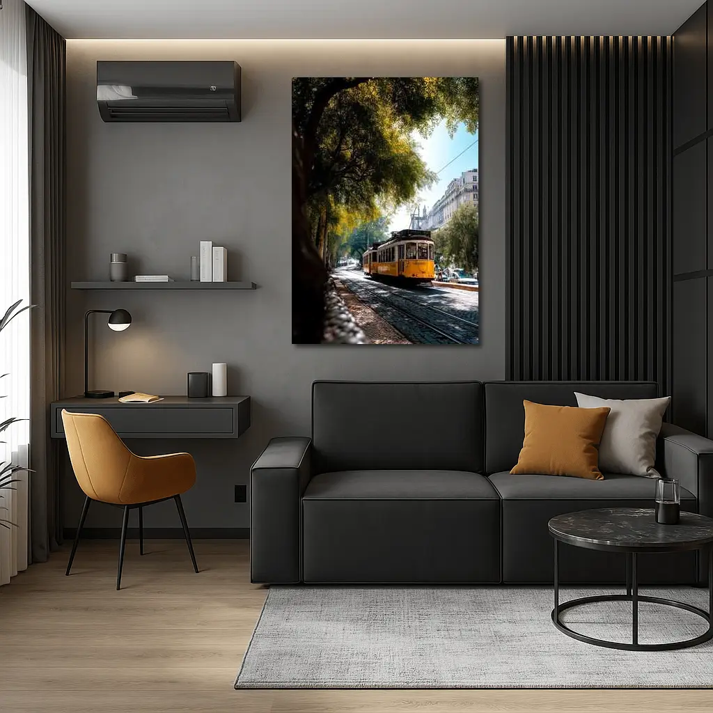 Yellow Tram on Lisbon Cobblestone Tree Street – Wall Art