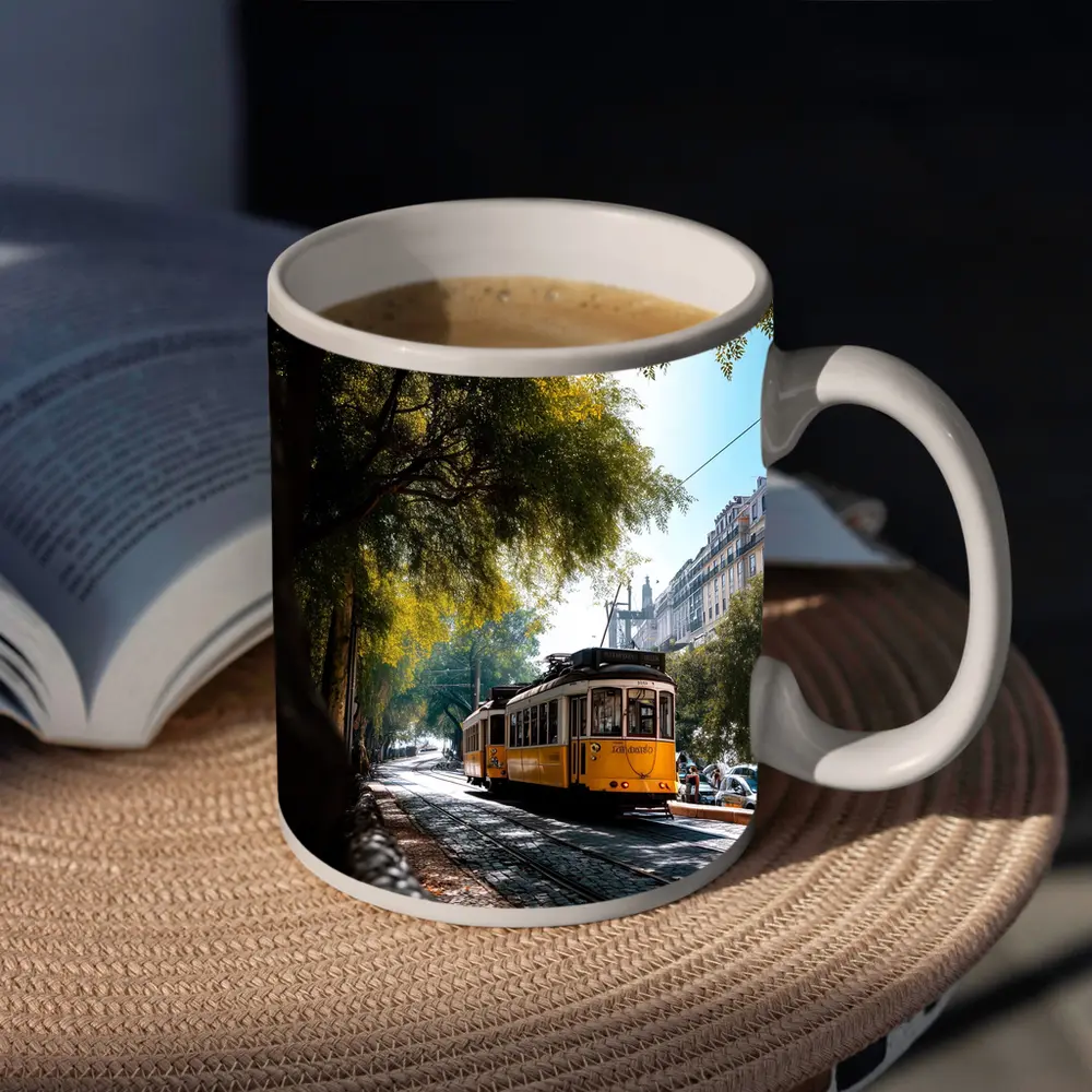 Yellow Tram on Lisbon Cobblestone Tree Street – Mugs