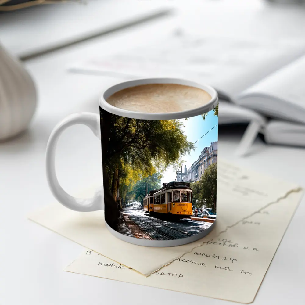 Yellow Tram on Lisbon Cobblestone Tree Street – Mugs