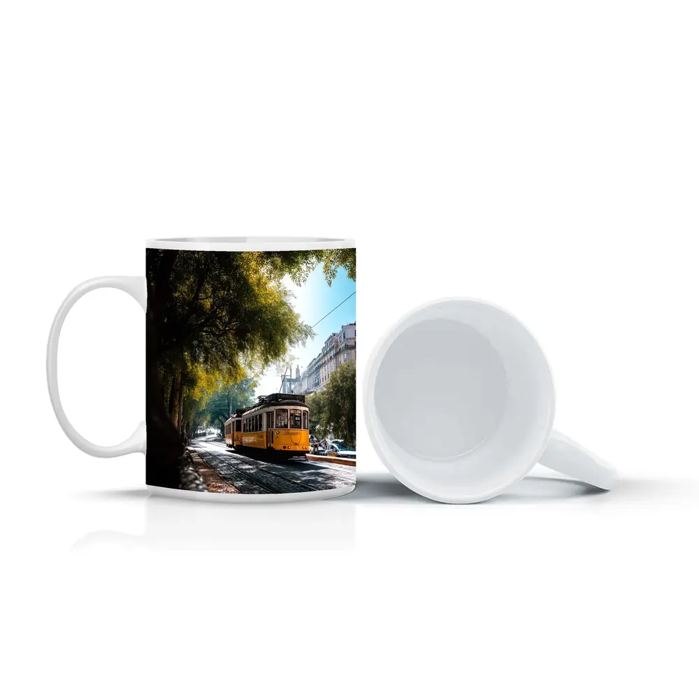 Yellow Tram on Lisbon Cobblestone Tree Street – Mugs