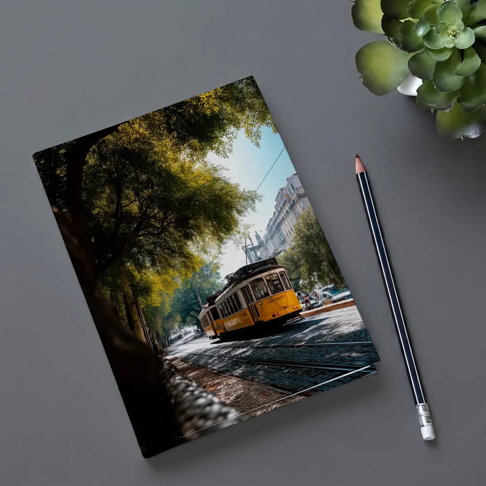 Yellow Tram on Lisbon Cobblestone Tree Street – Notebooks