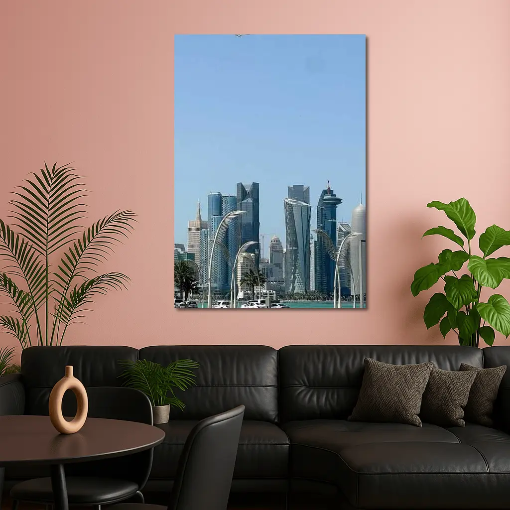 Doha Qatar Skyline With Airplane Flying – Wall Art