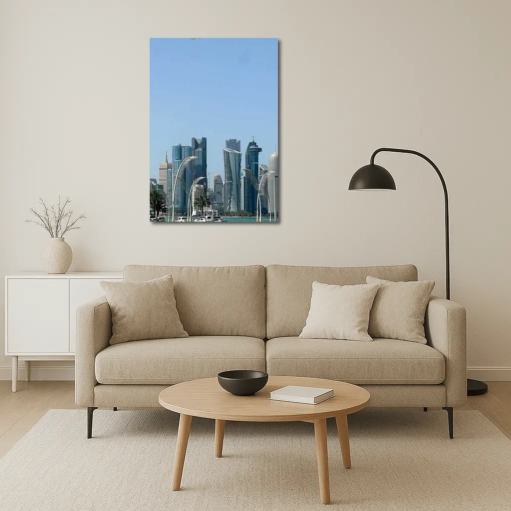 Doha Qatar Skyline With Airplane Flying – Wall Art