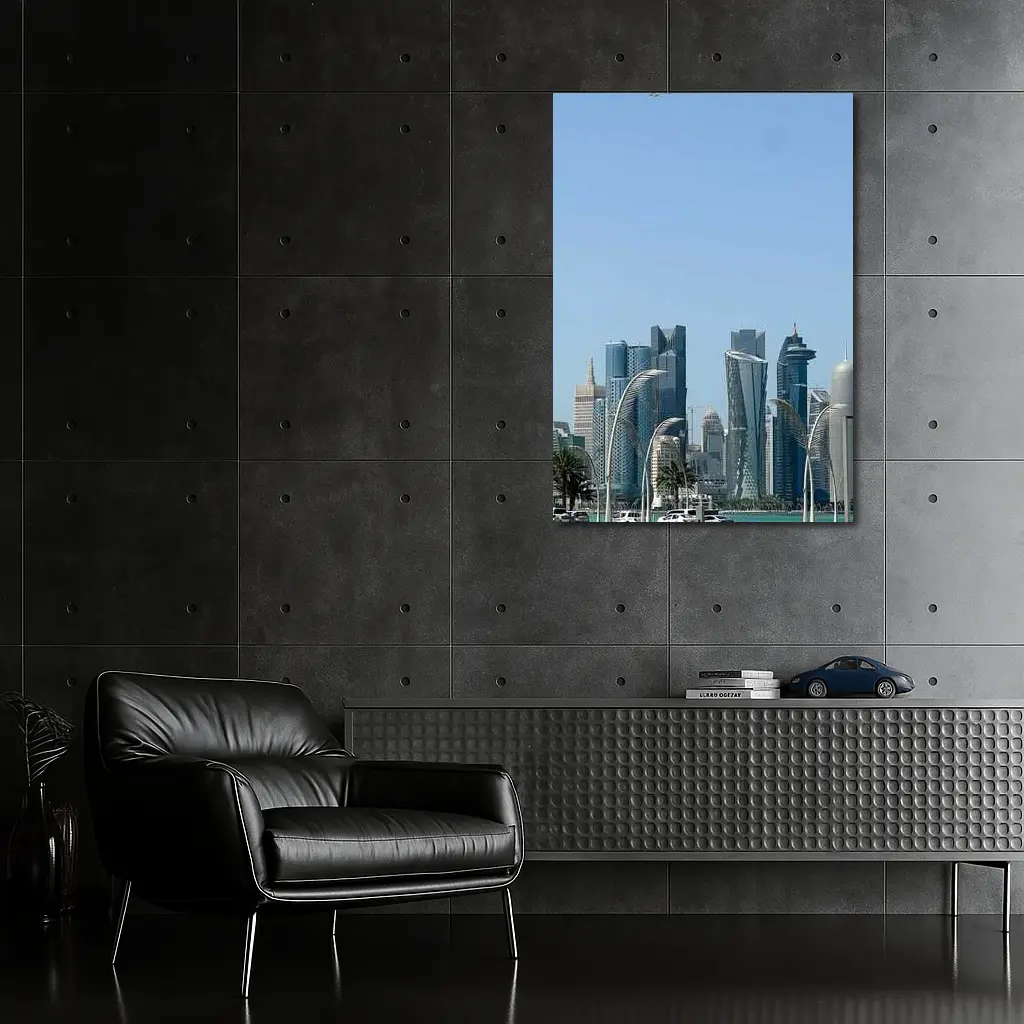 Doha Qatar Skyline With Airplane Flying – Wall Art