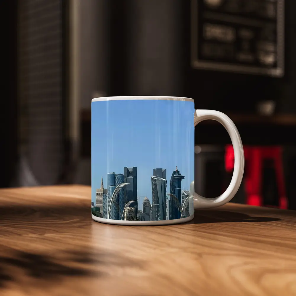 Doha Qatar Skyline With Airplane Flying – Mugs