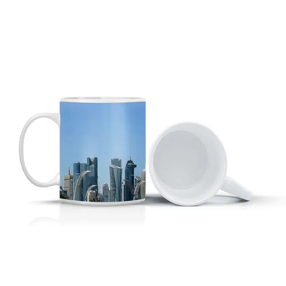 Doha Qatar Skyline With Airplane Flying – Mugs