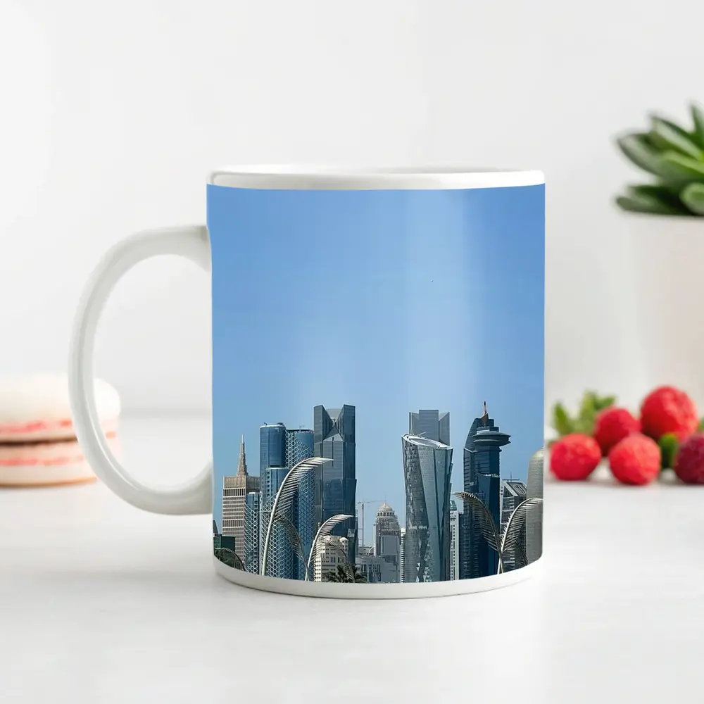 Doha Qatar Skyline With Airplane Flying – Mugs