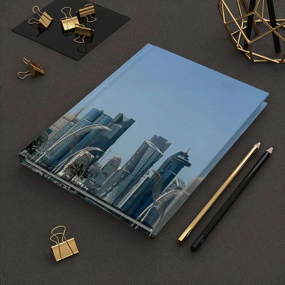 Doha Qatar Skyline With Airplane Flying – Notebooks