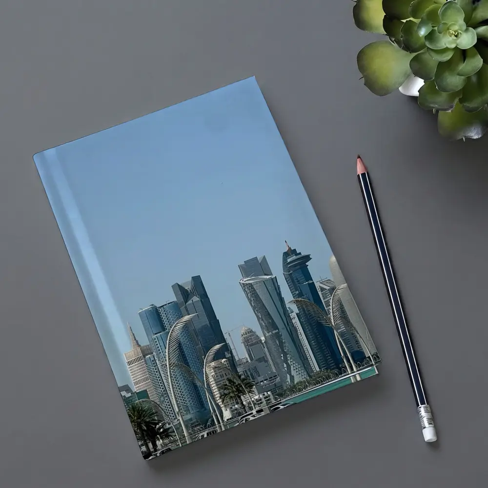 Doha Qatar Skyline With Airplane Flying – Notebooks