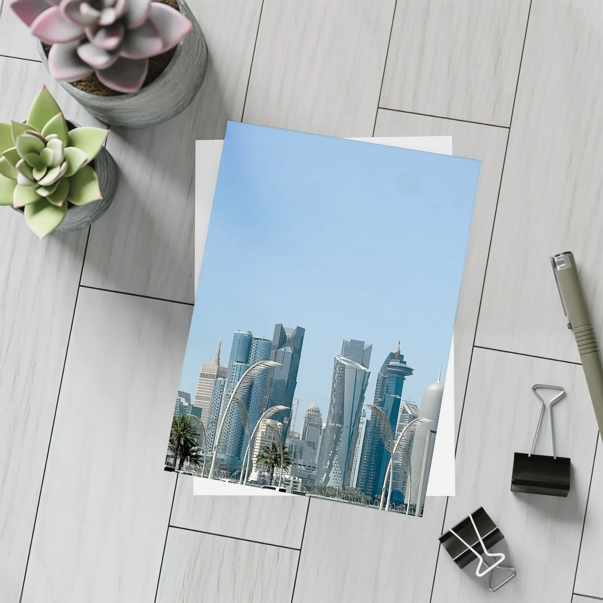 Doha Qatar Skyline With Airplane Flying – Postcards