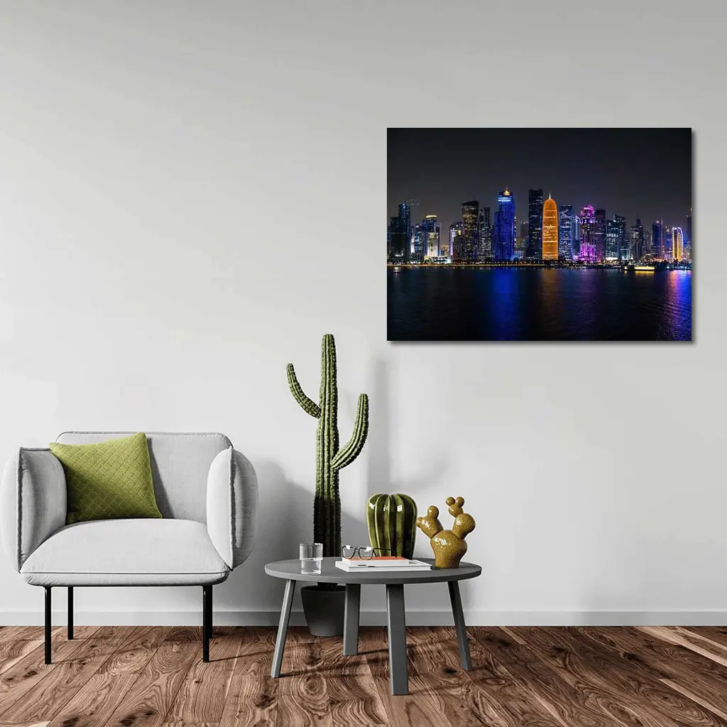 Doha Qatar Skyline Glowing At Night – Wall Art
