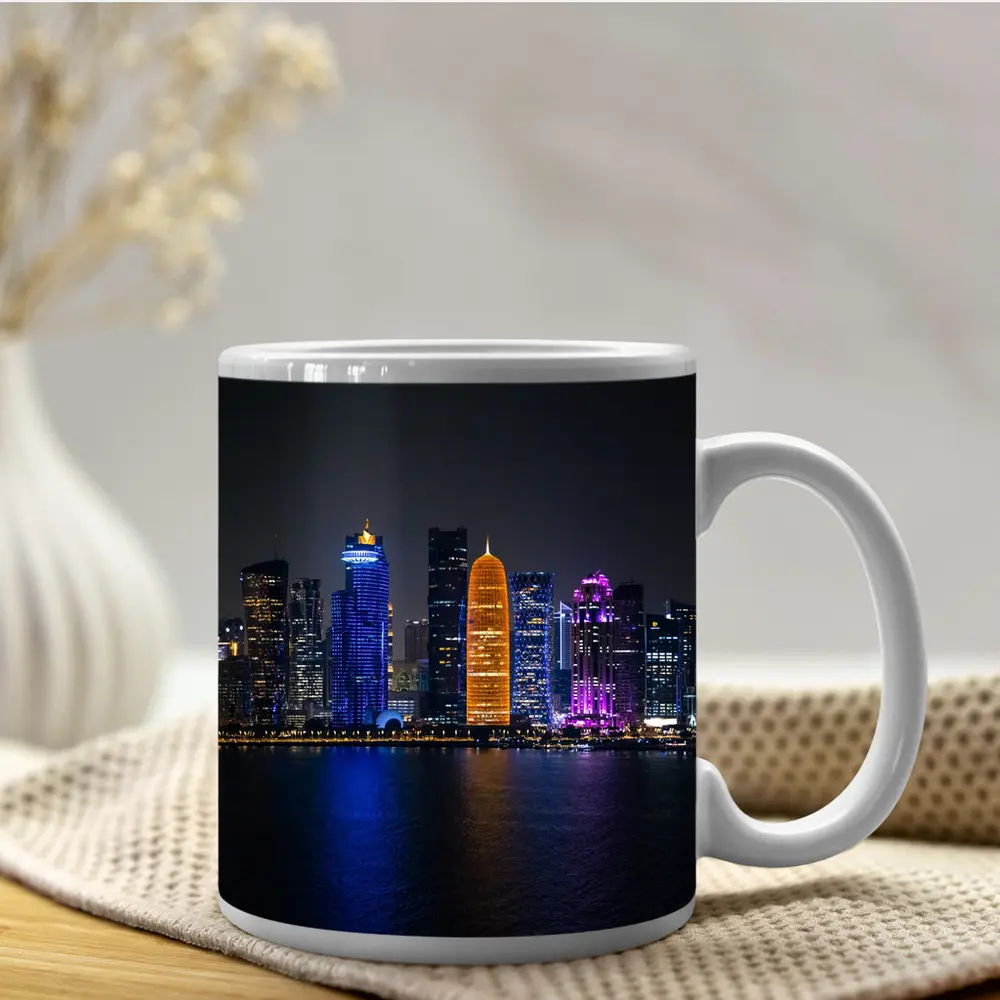 Doha Qatar Skyline Glowing At Night – Mugs