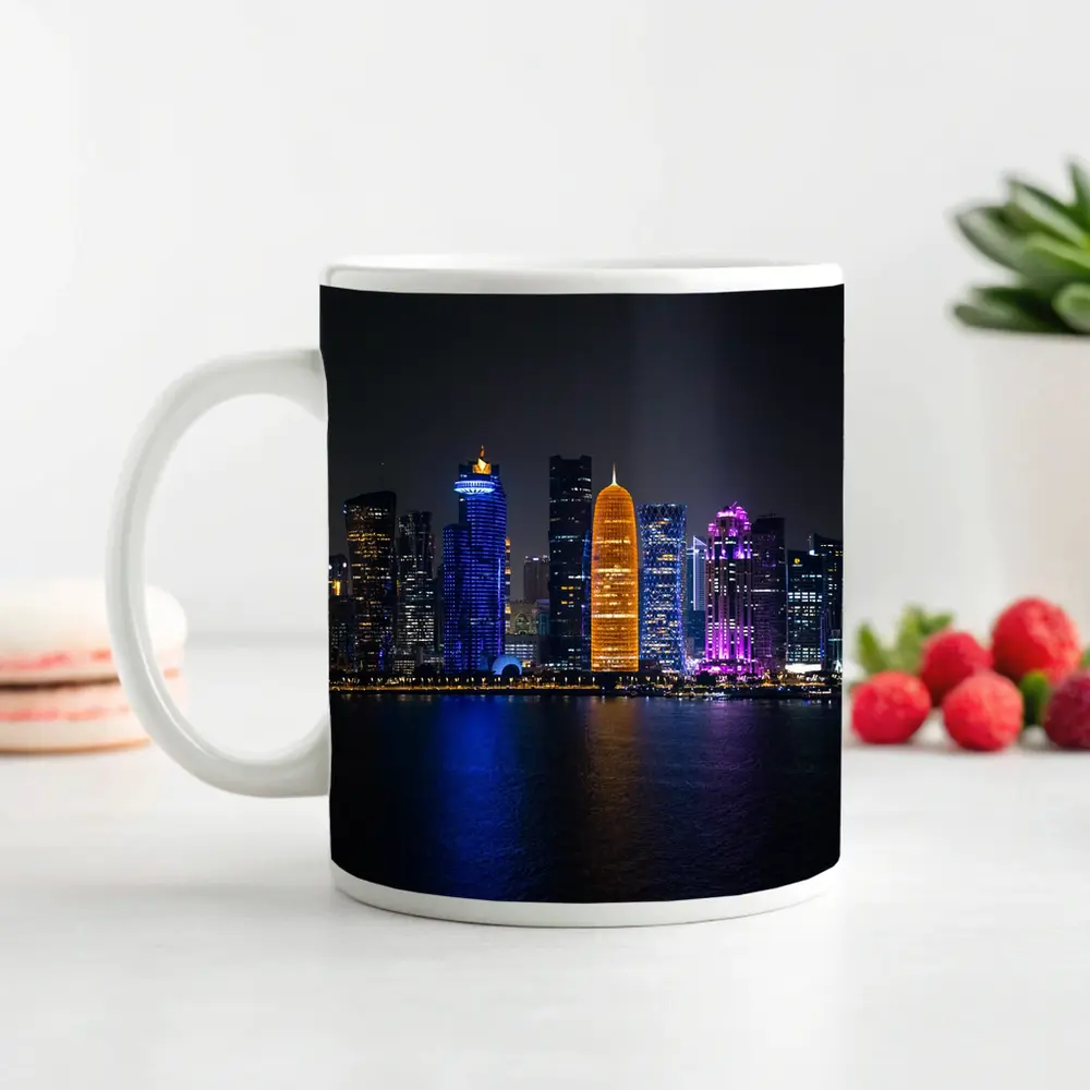 Doha Qatar Skyline Glowing At Night – Mugs