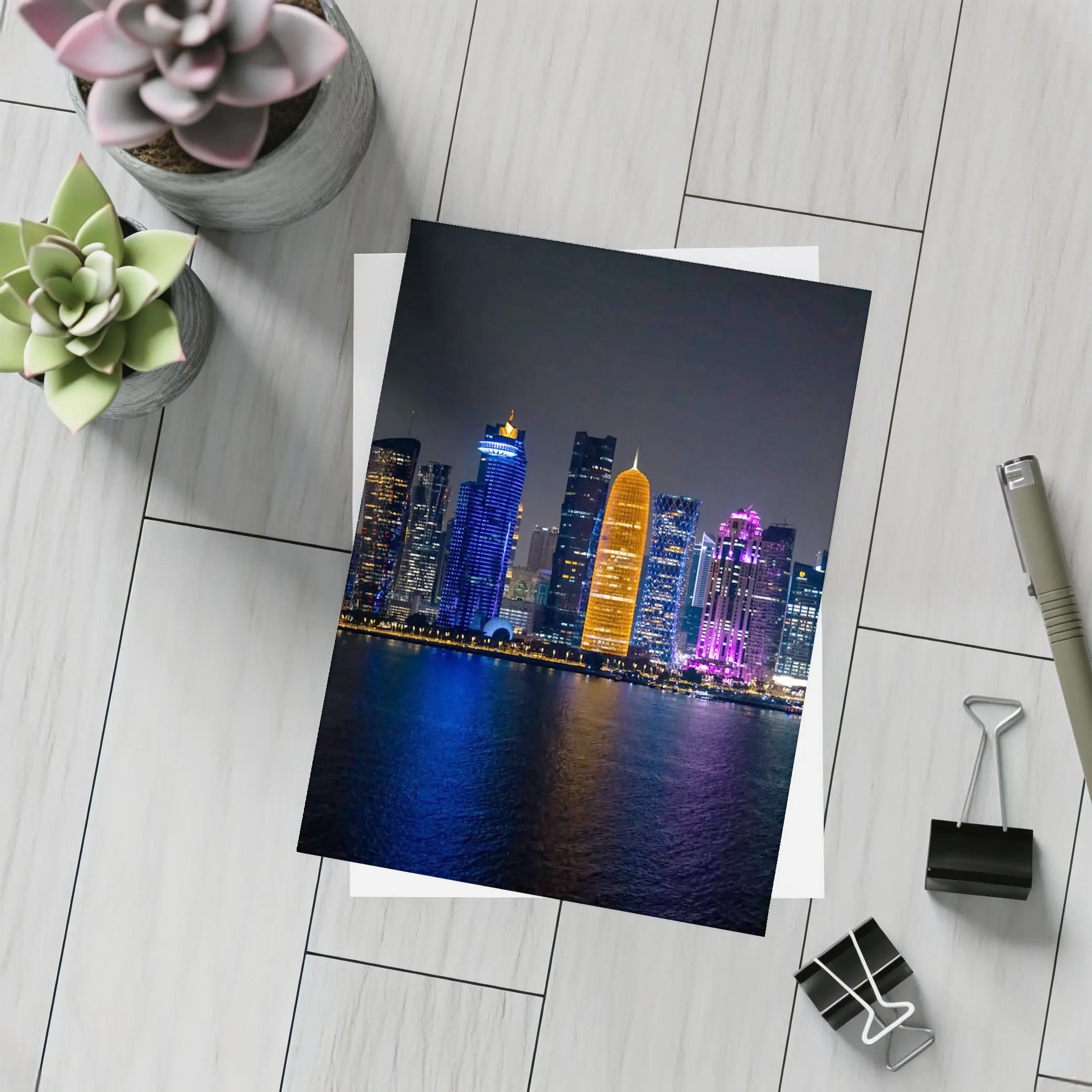 Doha Qatar Skyline Glowing At Night – Postcards