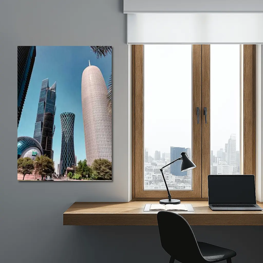 Doha Qatar Skyscrapers Blue Sky Cityscape – Wall Art