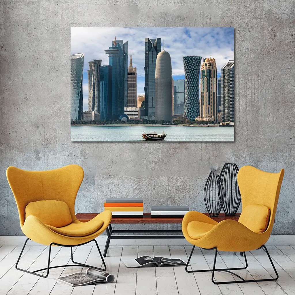 Doha Qatar Skyline Waterfront Dhow Boat – Wall Art