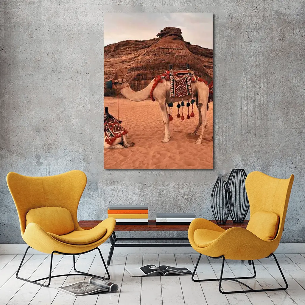 Decorated Camels Standing In Sandy Desert – Wall Art