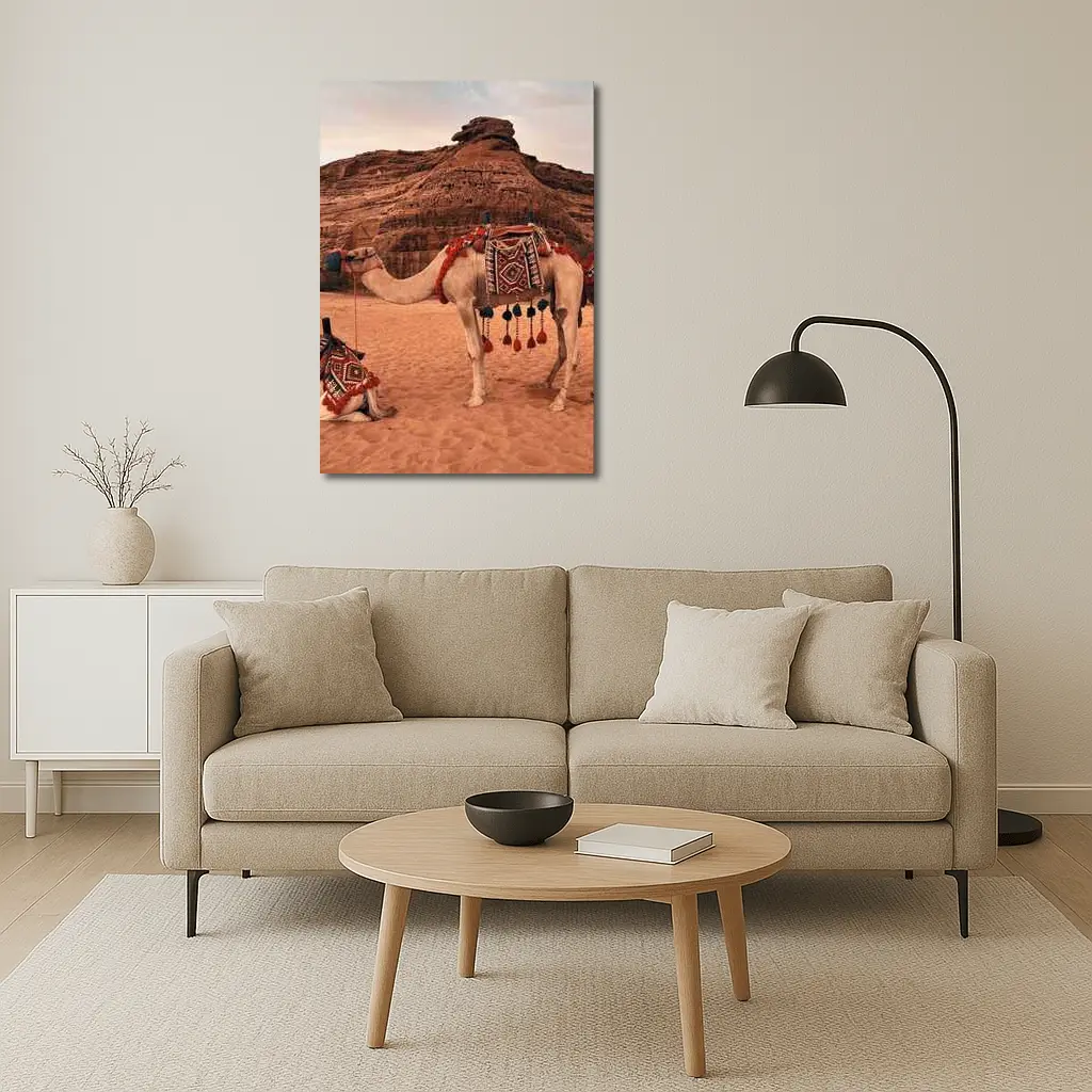 Decorated Camels Standing In Sandy Desert – Wall Art