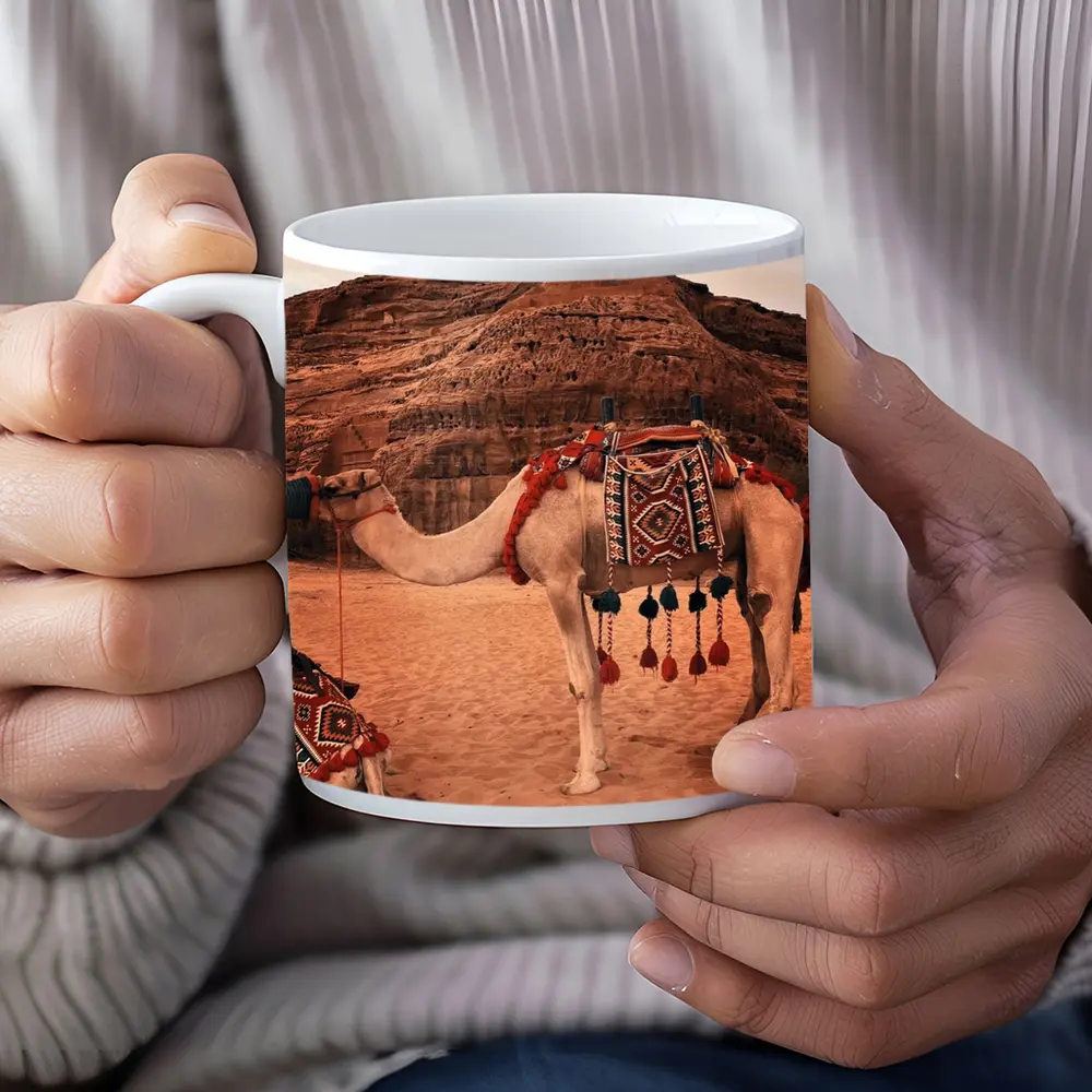 Decorated Camels Standing In Sandy Desert – Mugs