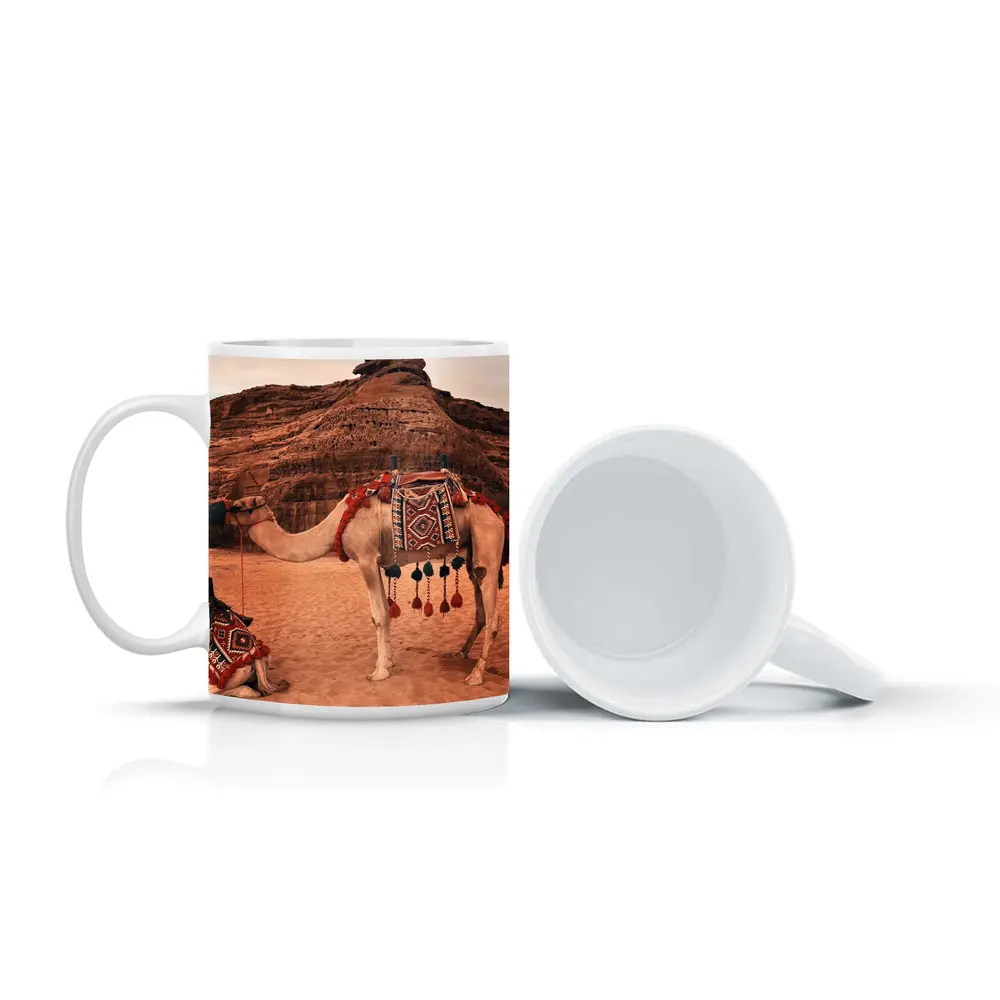 Decorated Camels Standing In Sandy Desert – Mugs