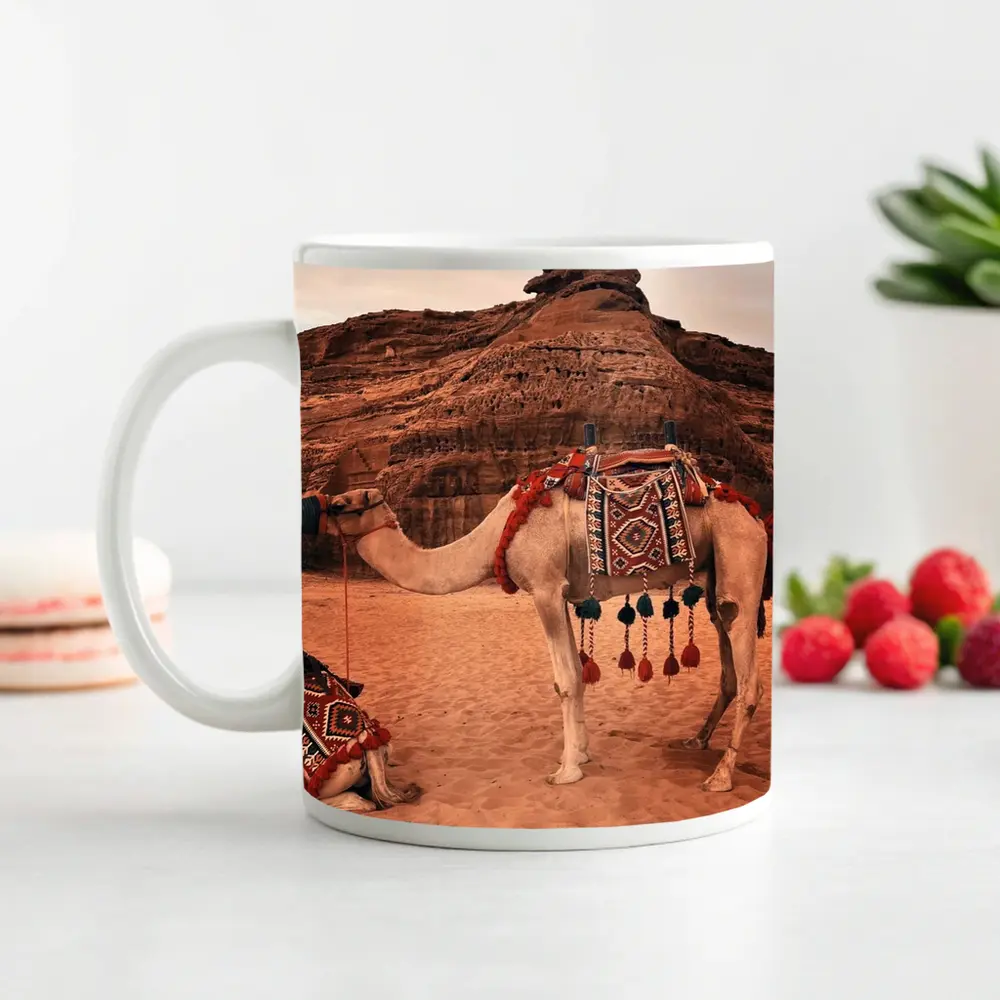 Decorated Camels Standing In Sandy Desert – Mugs