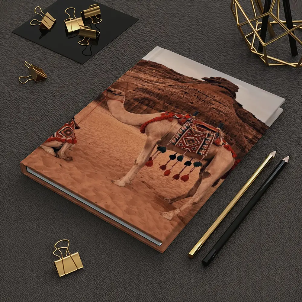 Decorated Camels Standing In Sandy Desert – Notebooks