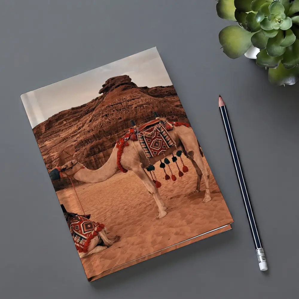 Decorated Camels Standing In Sandy Desert – Notebooks
