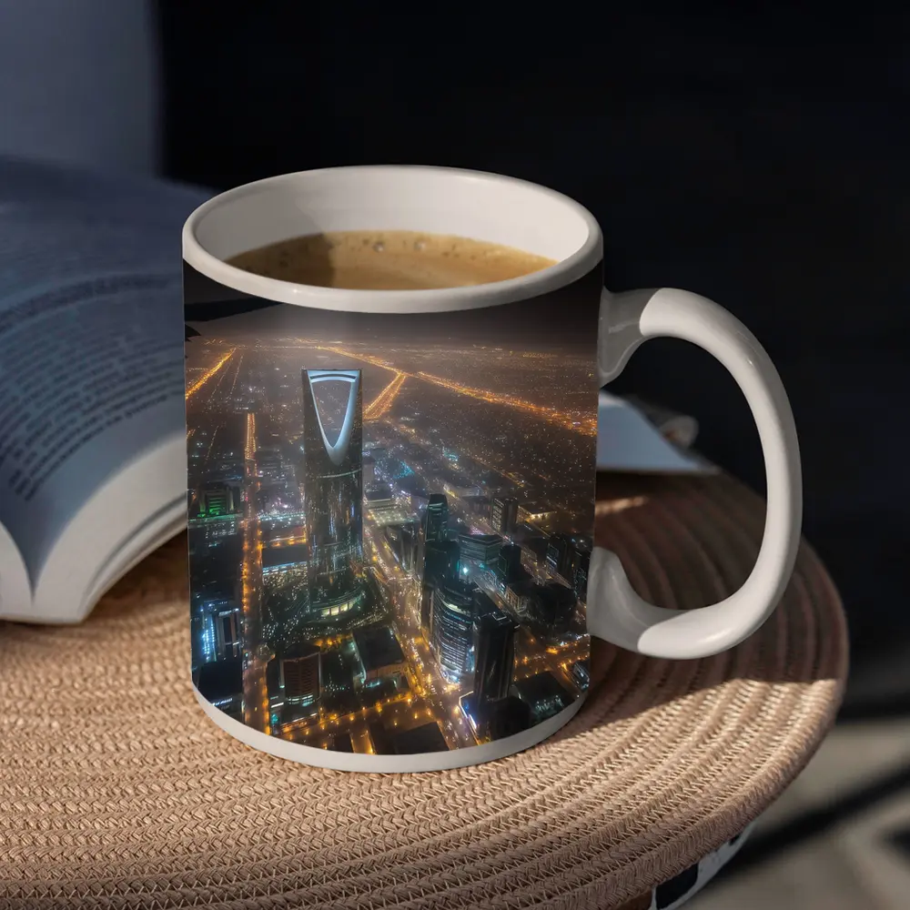 Riyadh Kingdom Tower Aerial Night City View – Mugs