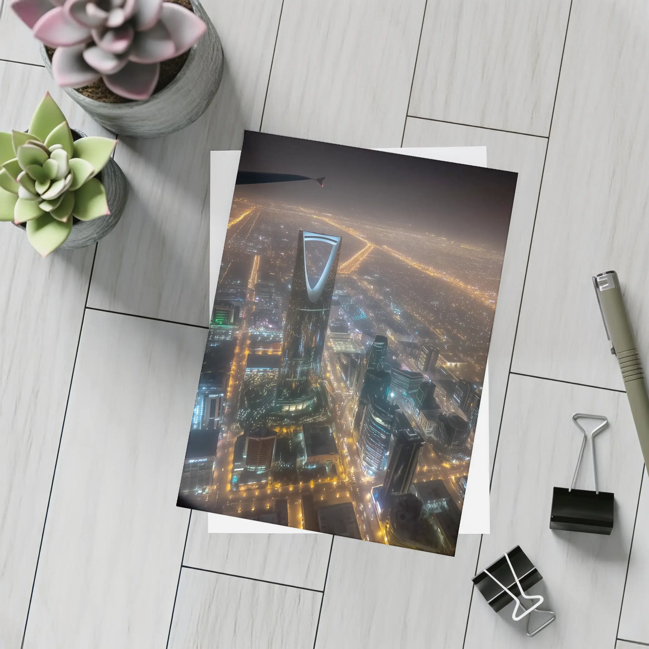 Riyadh Kingdom Tower Aerial Night City View – Postcards