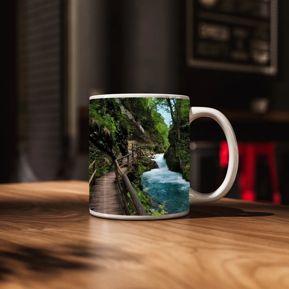 Wooden Boardwalk Canyon River Forest Path – Mugs