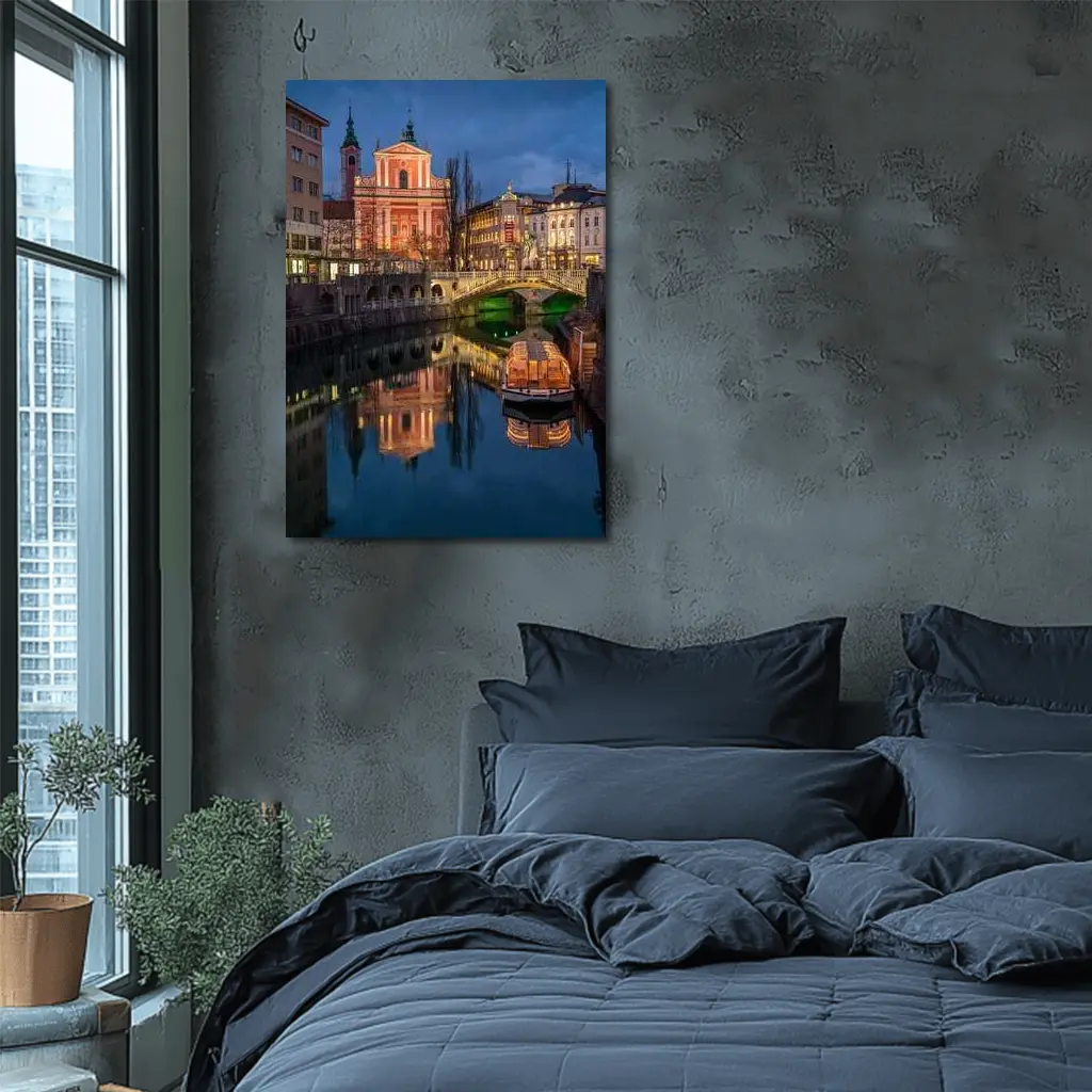 Ljubljana Slovenia Canal Church Night Reflection – Wall Art