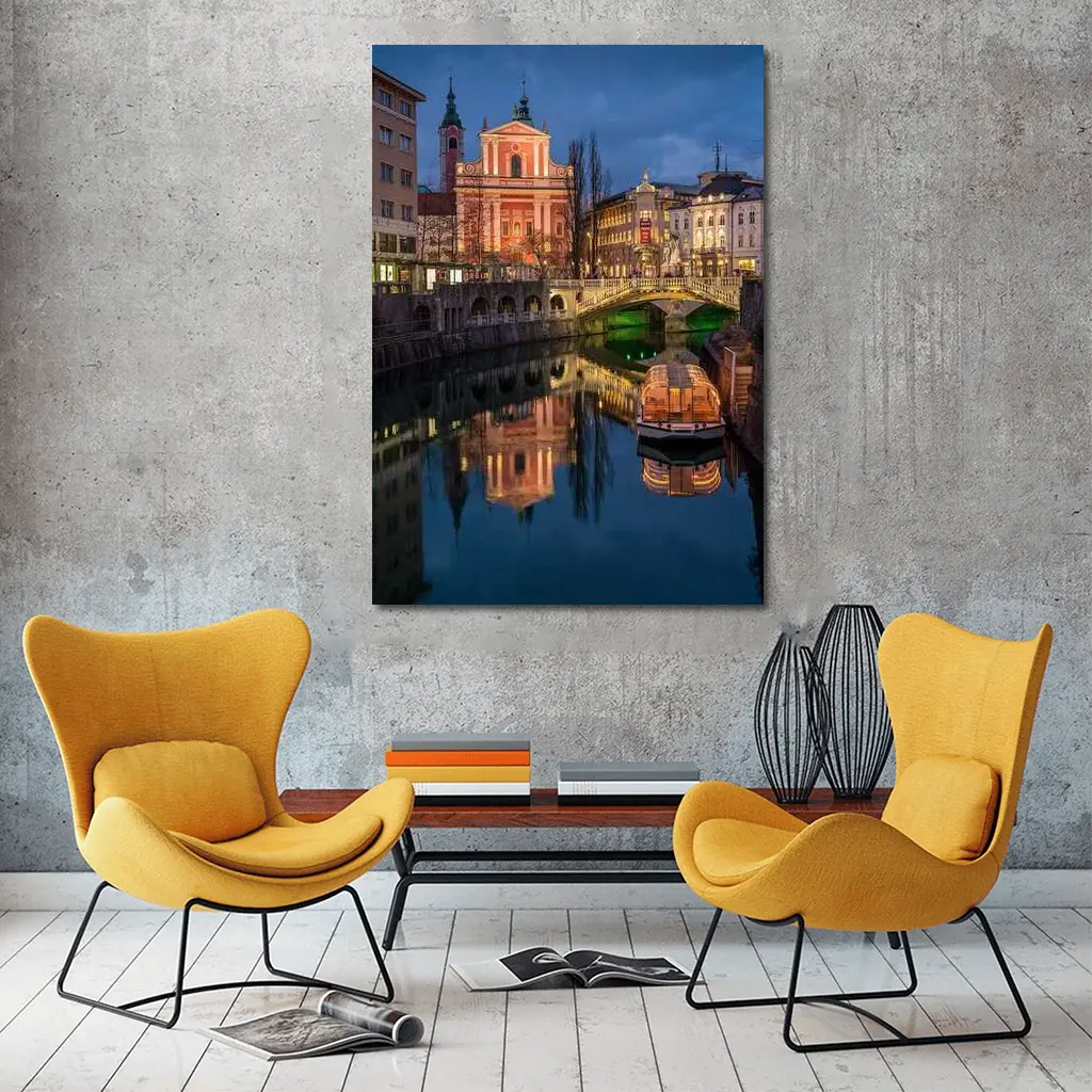 Ljubljana Slovenia Canal Church Night Reflection – Wall Art