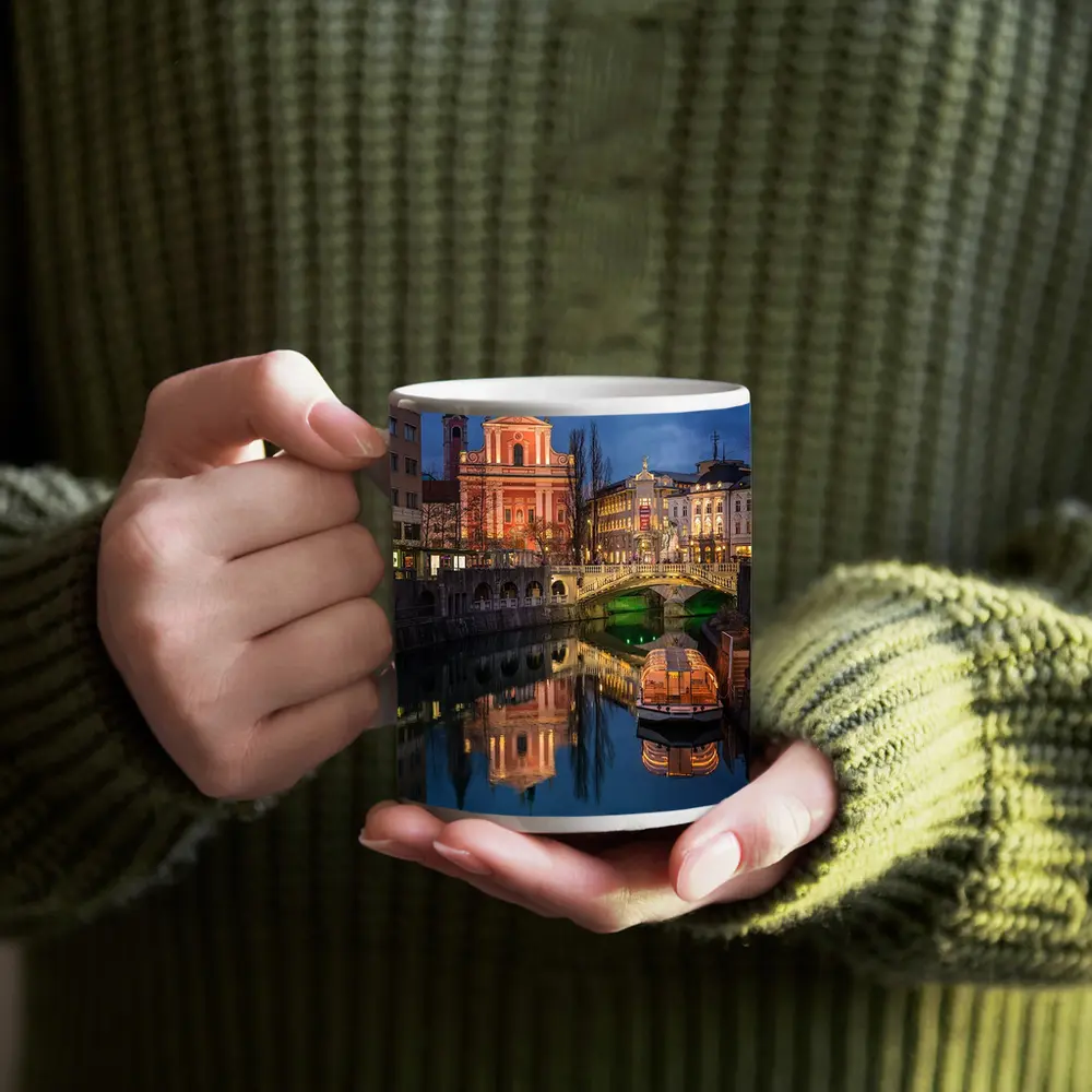 Ljubljana Slovenia Canal Church Night Reflection – Mugs