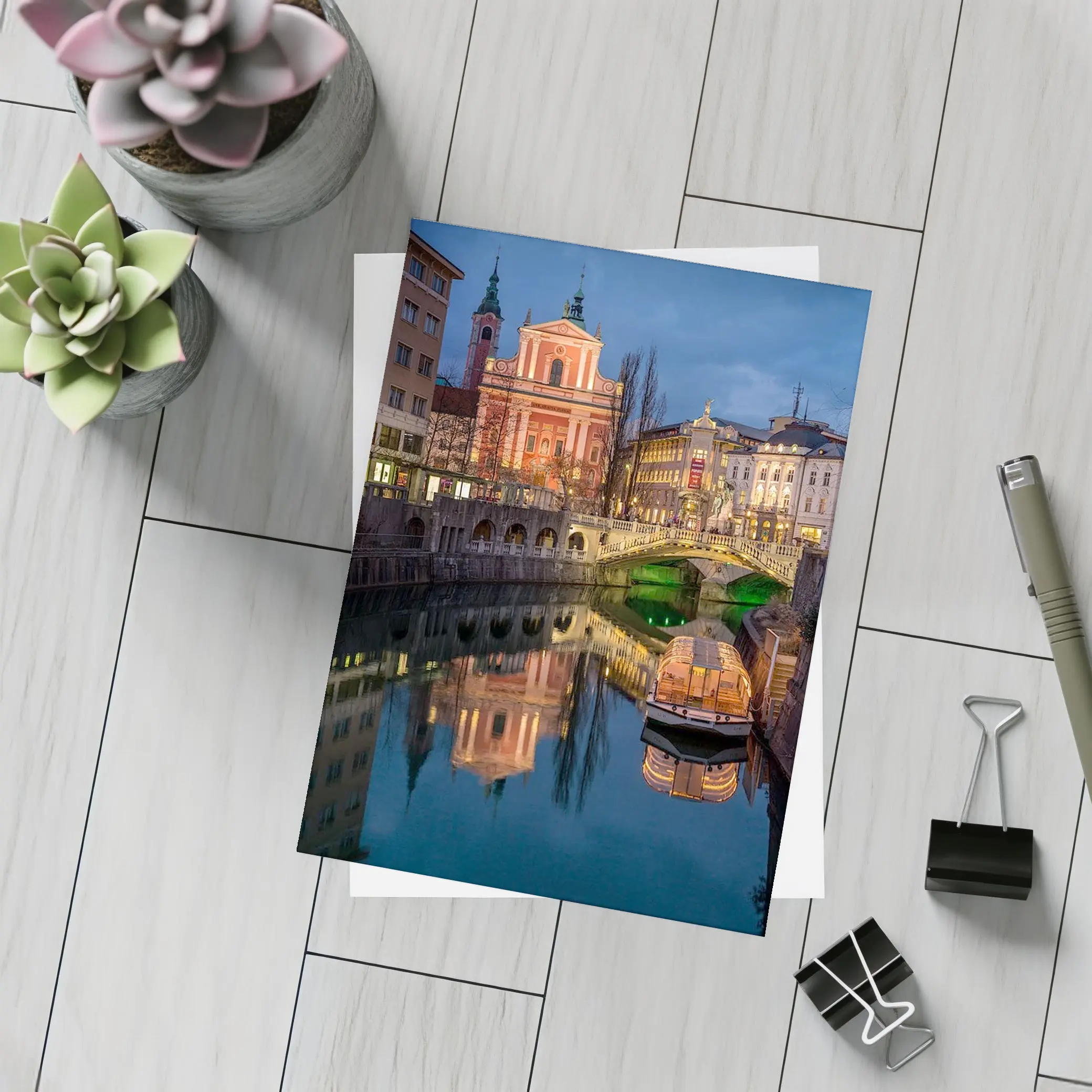 Ljubljana Slovenia Canal Church Night Reflection – Postcards
