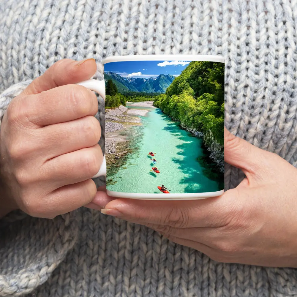 Kayakers on Clear Turquoise Mountain River – Mugs