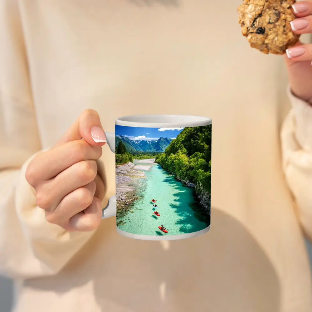 Kayakers on Clear Turquoise Mountain River – Mugs