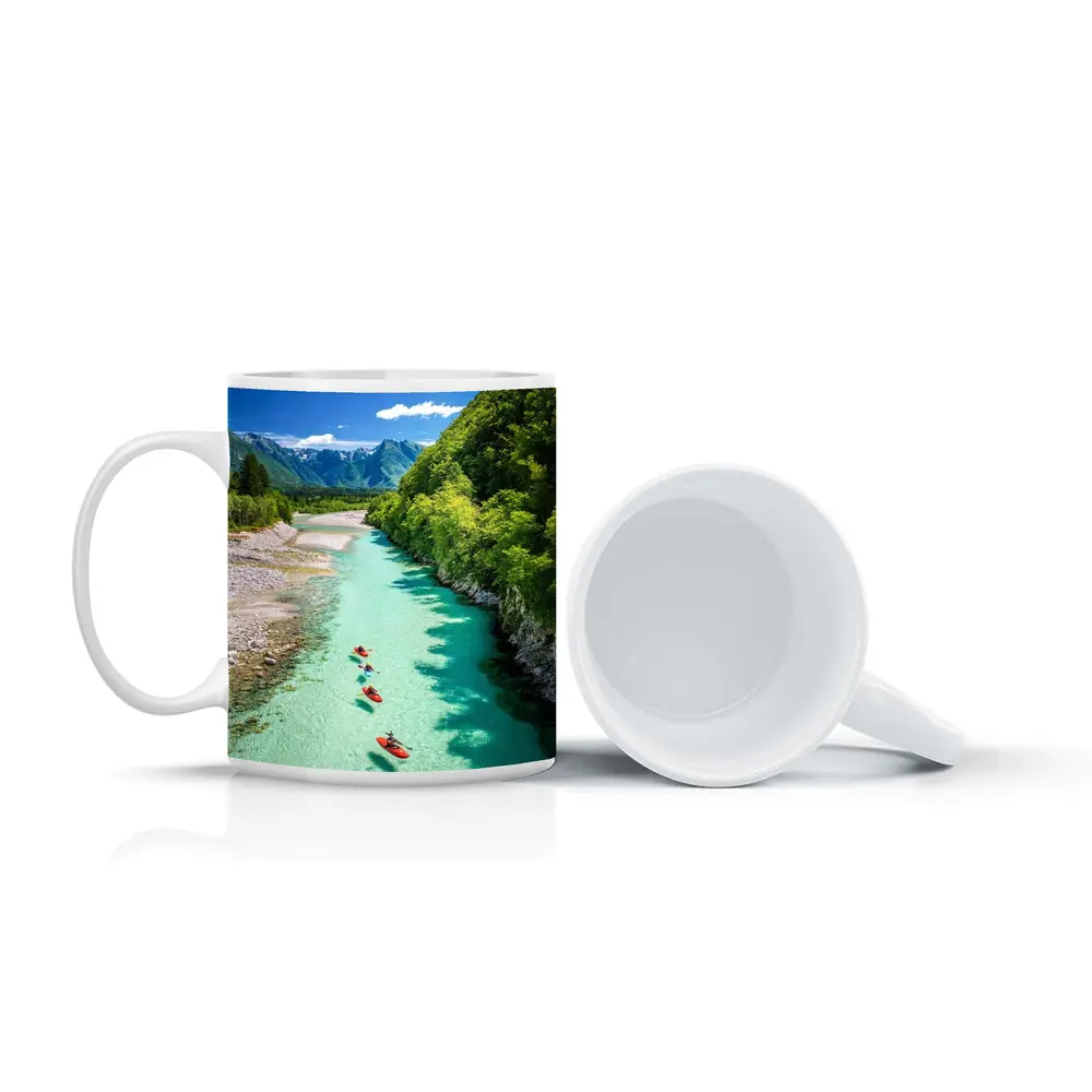 Kayakers on Clear Turquoise Mountain River – Mugs