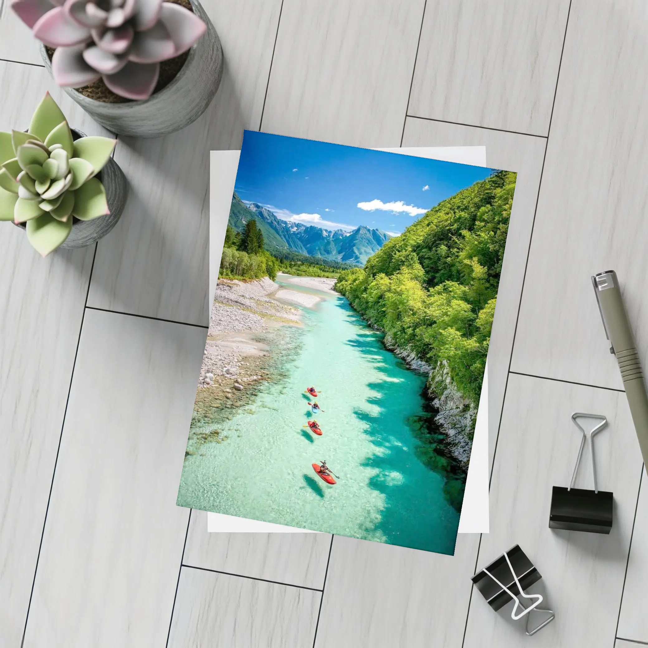Kayakers on Clear Turquoise Mountain River – Postcards