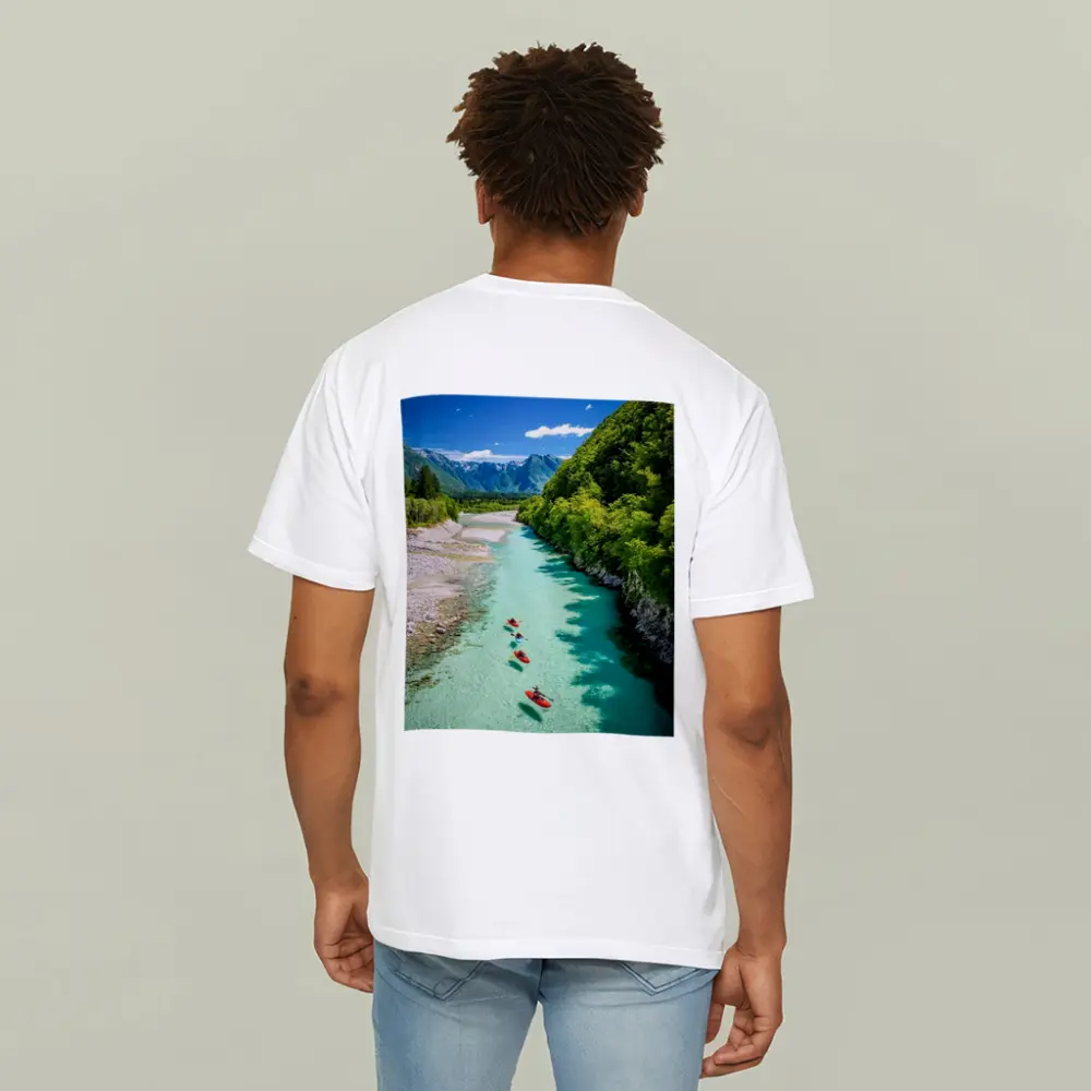 Kayakers on Clear Turquoise Mountain River – T-Shirts