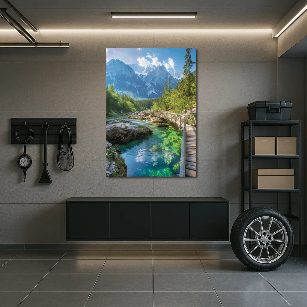 Alpine River Bridge Green Mountain Forest – Wall Art
