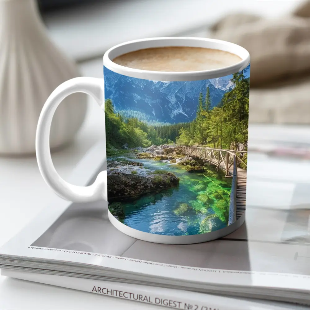 Alpine River Bridge Green Mountain Forest – Mugs