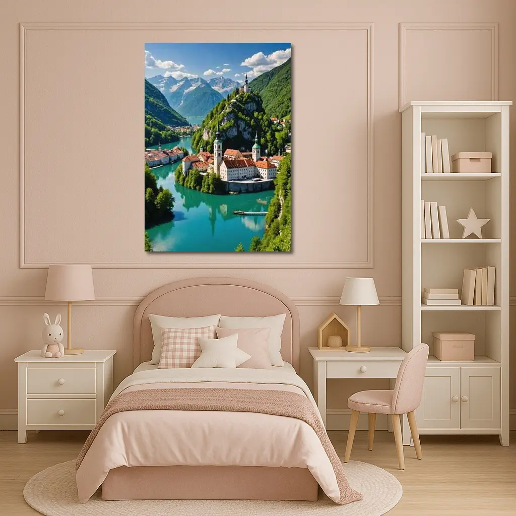 Alpine Monastery Town Turquoise River Mountains – Wall Art