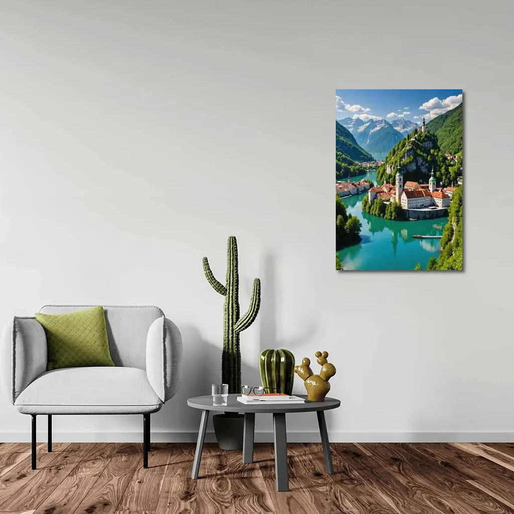 Alpine Monastery Town Turquoise River Mountains – Wall Art