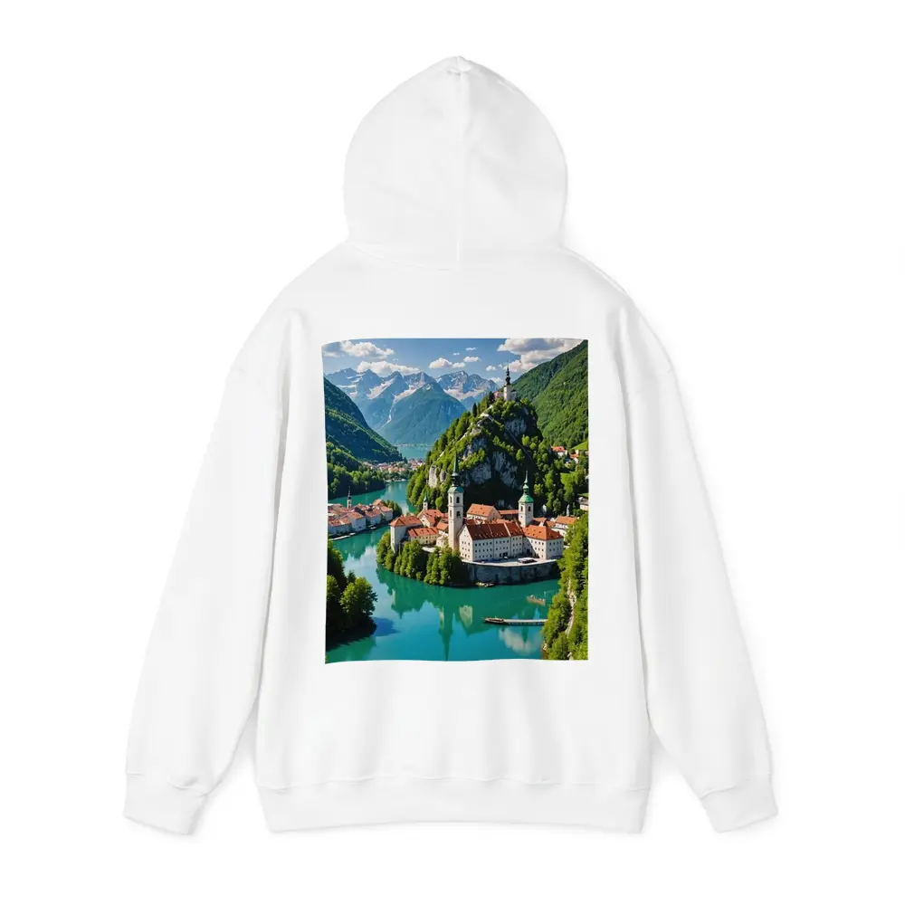 Alpine Monastery Town Turquoise River Mountains – Hoodies