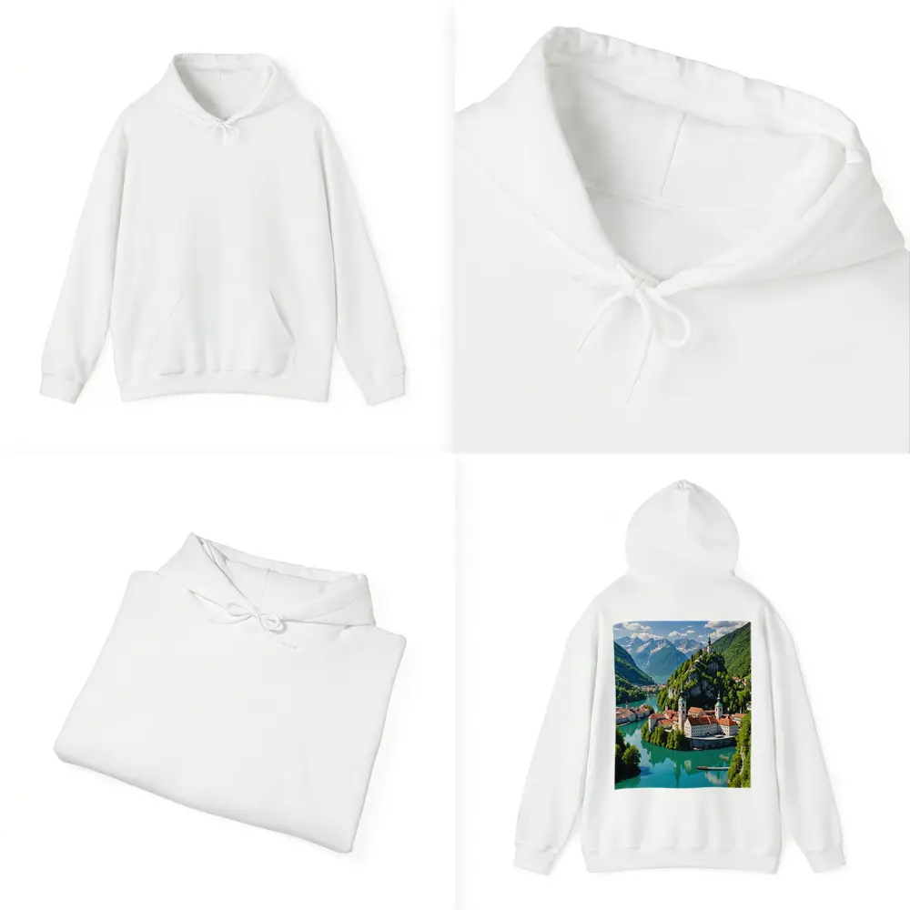 Alpine Monastery Town Turquoise River Mountains – Hoodies