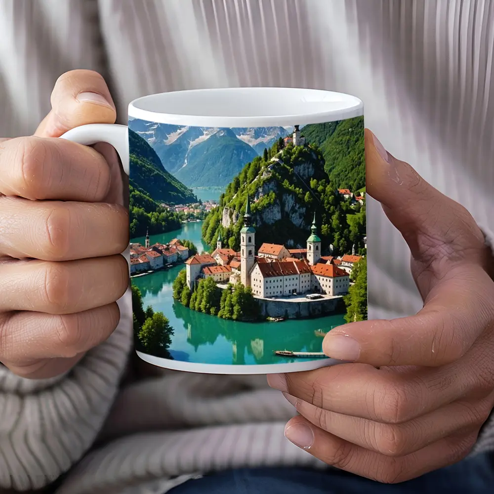 Alpine Monastery Town Turquoise River Mountains – Mugs
