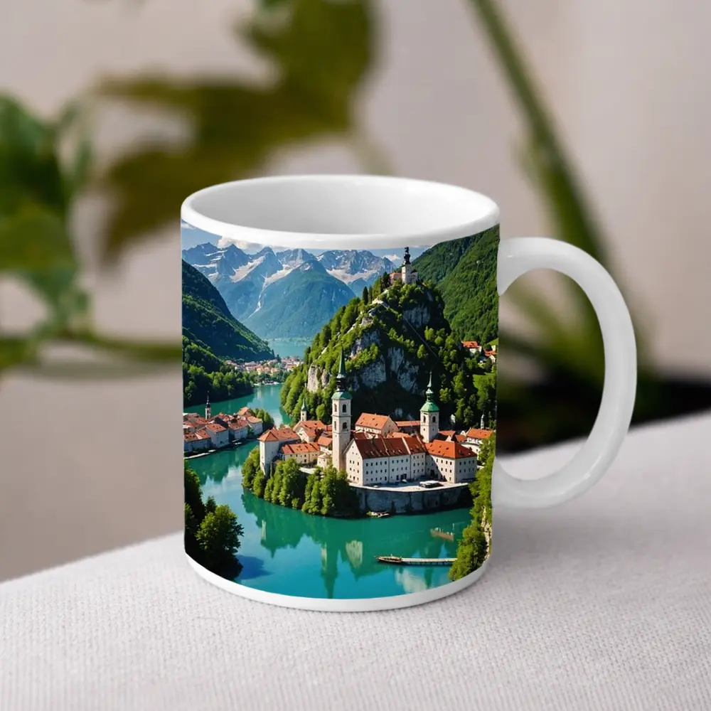 Alpine Monastery Town Turquoise River Mountains – Mugs