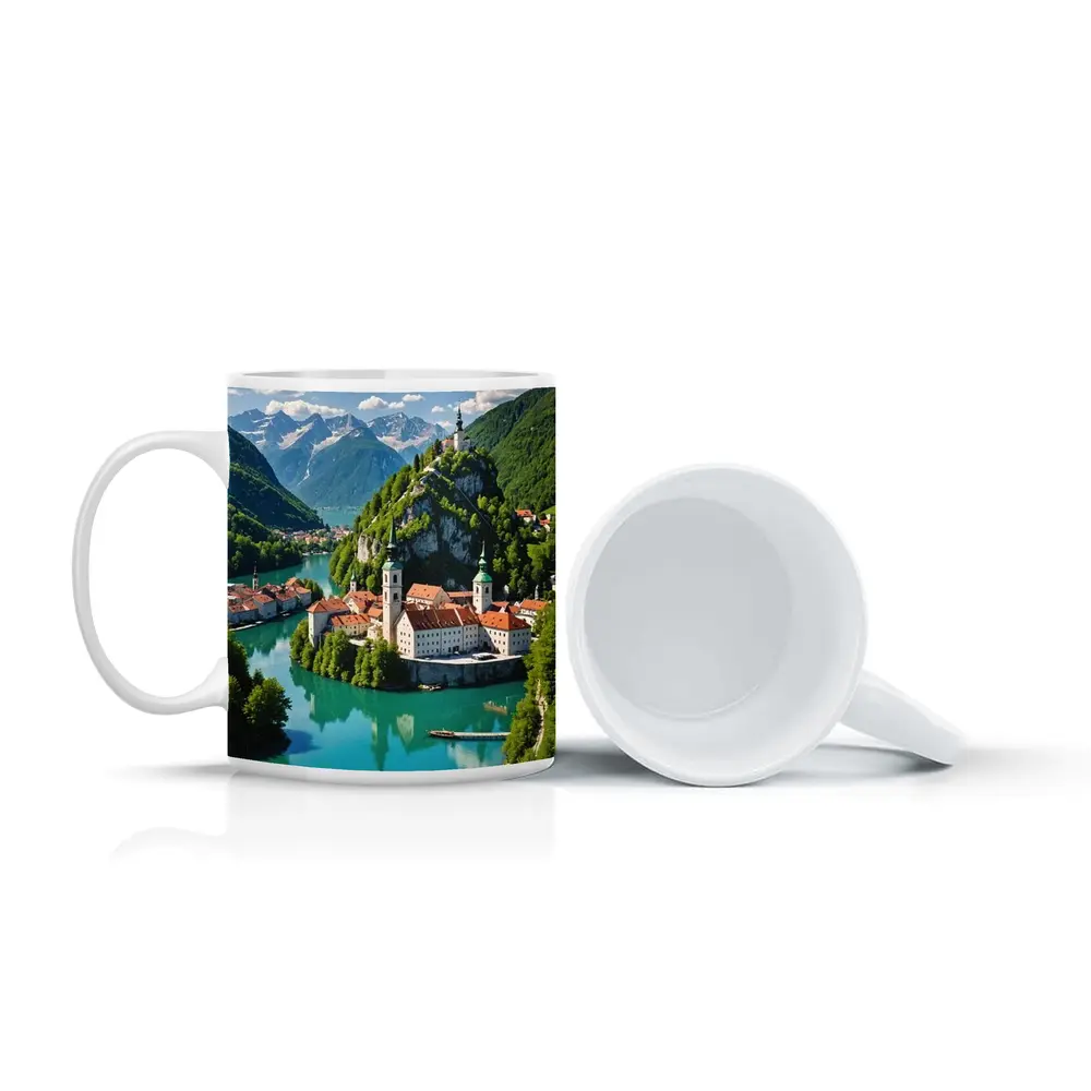 Alpine Monastery Town Turquoise River Mountains – Mugs