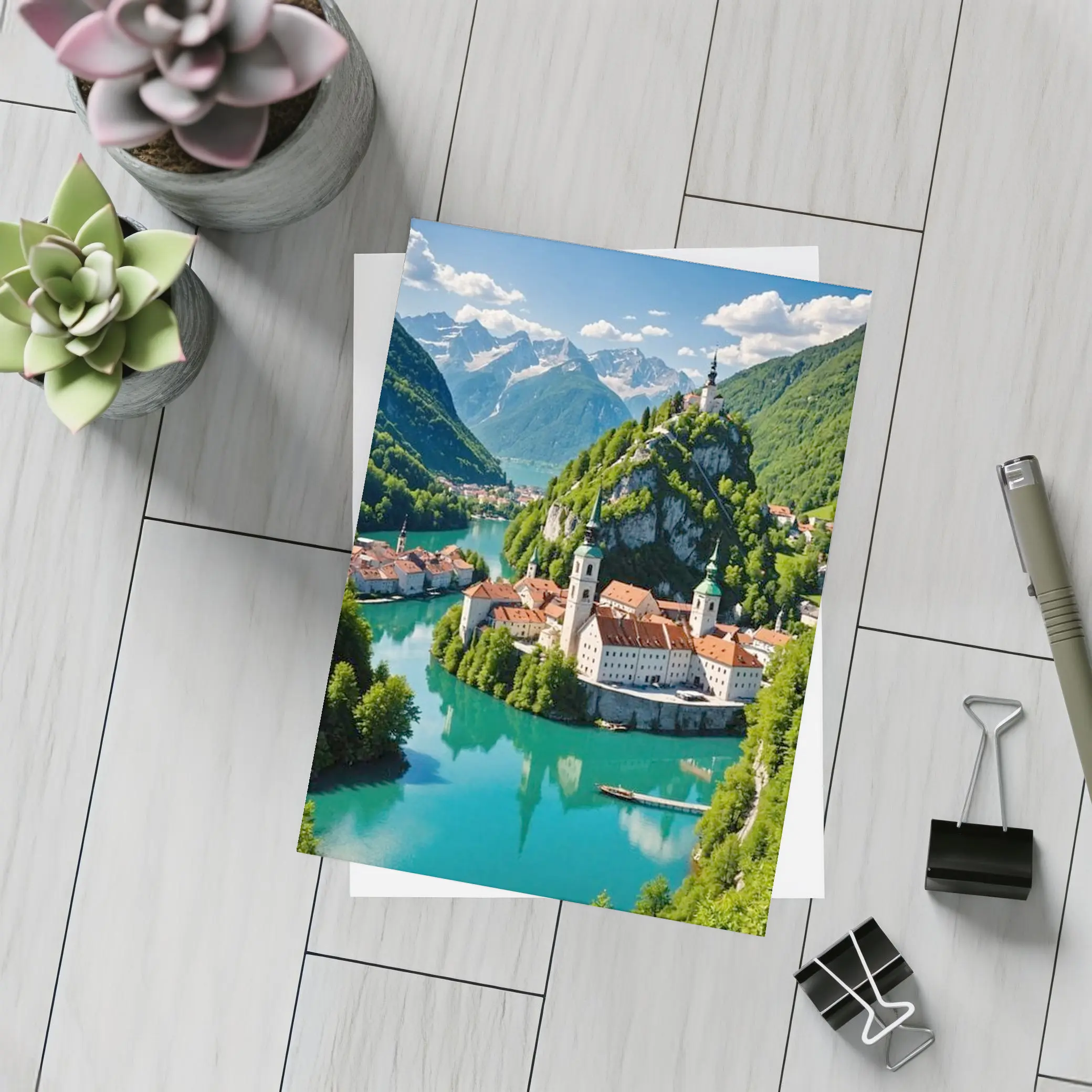 Alpine Monastery Town Turquoise River Mountains – Postcards