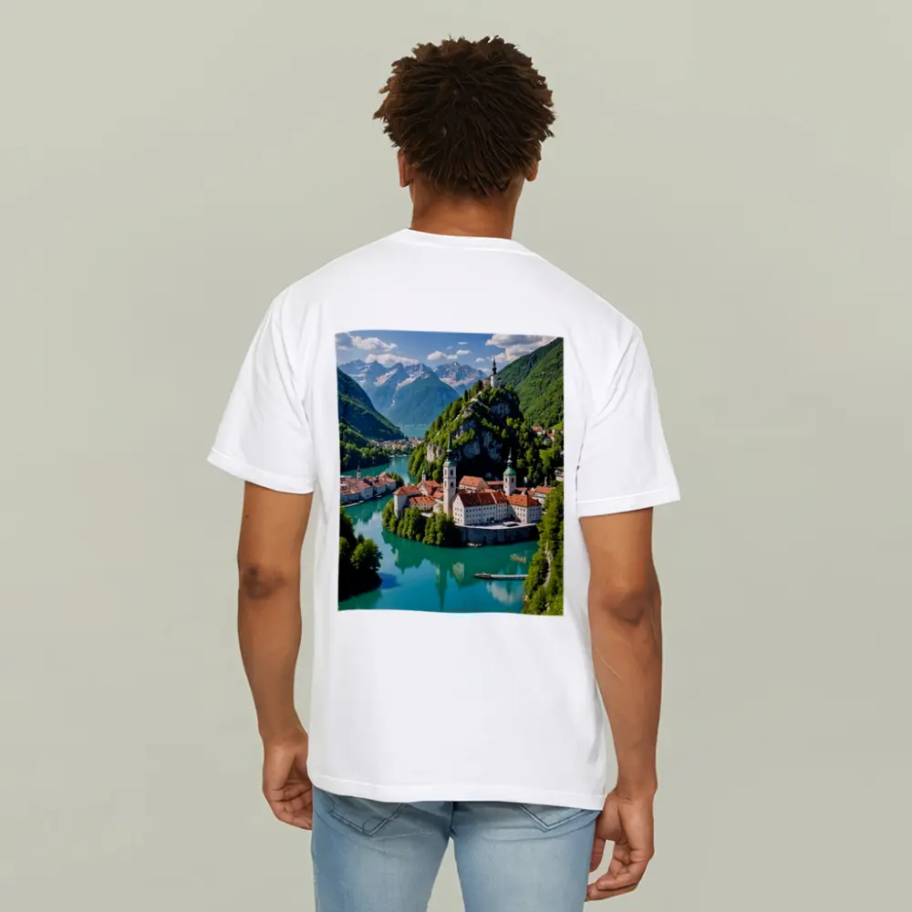Alpine Monastery Town Turquoise River Mountains – T-Shirts